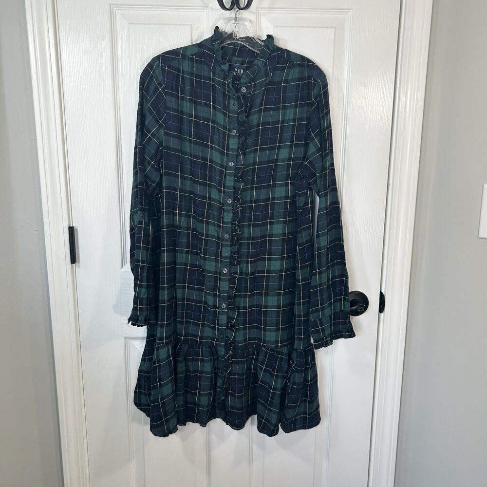 GAP Green Navy Plaid Ruffle Trim Mini Dress Flannel Long Sleeve Size Medium